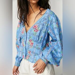 Free People Eyelet Floral Blue Long Sleeve Top